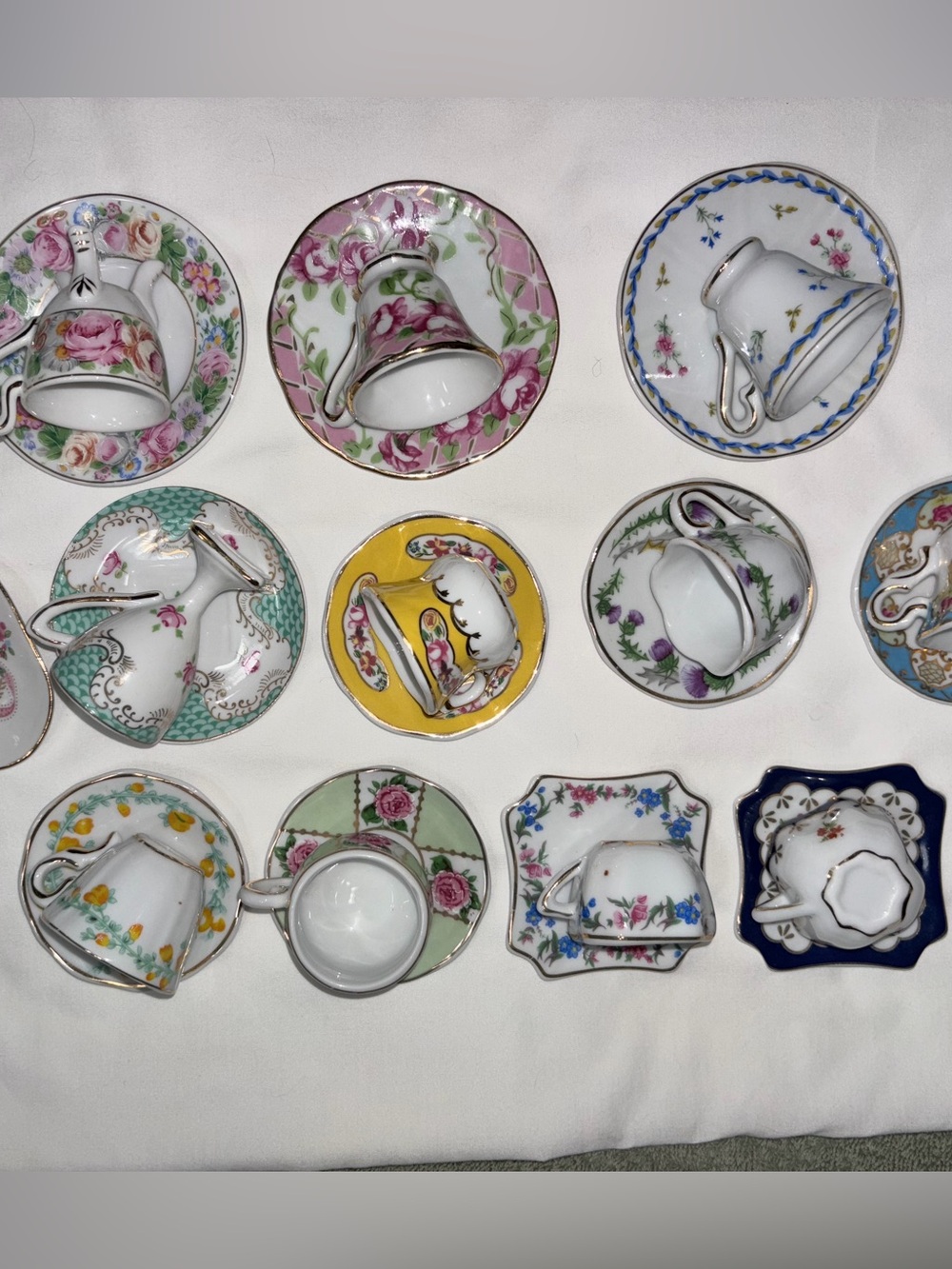 Tiny Porcelain Tea Cups & Saucers 2” high. 12 Assorted. Victorian. Reptoductions - Picture 3 of 15